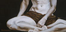 Carica l'immagine nel visualizzatore di Gallery, painting of body crop of seated woman with legs crossed and hand resting between her legs.  A drape covers her hips.  acrylic painting