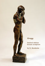 將圖片載入圖庫檢視器 Man's right side, sculpture of standing nude man who only wear's a tank top and pulls it up to his face, bronze art