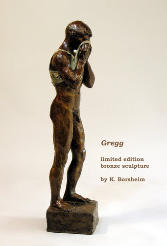 Man's right side, sculpture of standing nude man who only wear's a tank top and pulls it up to his face, bronze art