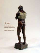 將圖片載入圖庫檢視器 Back view of standing man nude from the waste down as he pulls up the front of his shirt to wipe his brow. limited edition bronze sculpture for tabletop
