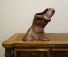 Load image into Gallery viewer, Sculpture in terracotta:  the torso of a young woman as she leans on an unseen arm on the seat below her.  The ceramic sculpture is open at the neck and right shoulder.  Lovely mid-to dark brown patina.  For indoor display only.
