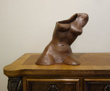 將圖片載入圖庫檢視器 Sculpture in terracotta:  the torso of a young woman as she leans on an unseen arm on the seat below her.  The ceramic sculpture is open at the neck and right shoulder.  Lovely mid-to dark brown patina.  For indoor display only.