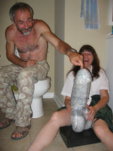 將圖片載入圖庫檢視器 Artist Vasily Fedorouk and artist friend Kelly Borsheim have a few laughs with Vasily's marble phallus sculpture.  Photo by Amber Babcock, sister of Kelly