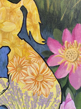 Laden Sie das Bild in den Galerie-Viewer, Detail of painting: Colorful yellow floral pattern inside a silhouette of a person with a pink lotus flower on the right outside of her.
