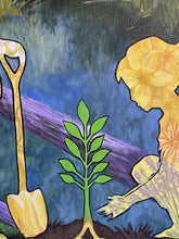 Laden Sie das Bild in den Galerie-Viewer, Artistic depiction of a hand holding a plant with a shovel and flowers in the background with a lake reflecting tall grasses.