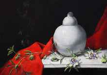 將圖片載入圖庫檢視器 Still life painting of round White vase on a table with red cloth and passion flowers on vines against a black background