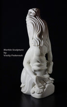 將圖片載入圖庫檢視器 White marble sculpture showing flowing long hair on a Sea Lady on a black background with 'Marble Sculpture by Vasily Fedorouk' text.