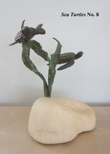 Laden Sie das Bild in den Galerie-Viewer, bronze sculpture of two sea turtles swimming near kelp that "grows"from a sand-colored hand-carved limestone base; No. 8 in limited edition art by artist Kelly Borsheim