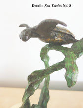 Laden Sie das Bild in den Galerie-Viewer, Close-up detail shot of a sea turtle sculpture perched on a green branch-like bronze kelp, with the text 'Detail: Sea Turtles No. 8' at the top against a plain light background.