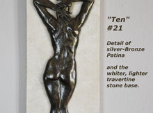 將圖片載入圖庫檢視器 Detail shot of Ten #21 that has a rare silvery bronze patina.  She is paired with a whiter, lighter travertine stone than the typical creamier color.  Enjoy this detail image of the woman's back bas-relief sculpture by Kelly Borsheim