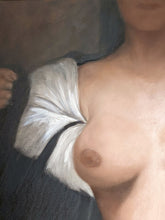 Laden Sie das Bild in den Galerie-Viewer, A close-up painting of a woman's upper torso with one shoulder bare, wearing a white draped garment over a dark navy or black top, against a dark painterly background.