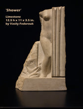 將圖片載入圖庫檢視器 Limestone sculpture titled 'Shower' of standing female figure by Vasily Fedorouk with dimensions and a measuring tape for scale.