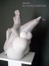 將圖片載入圖庫檢視器 A dolphin seems to dive into a CLOUD while the god Apollo sits on top of him for the ride.  Mixed media sculpture of Portuguese marble with gold by the late Ukrainian-American artist Vasily Fedorouk