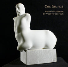Load image into Gallery viewer, Artist self-portrait of the mythological man and horse combined... a centaur.  Beautifully carved from white marble, this tabletop statue is a gem!
