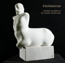 將圖片載入圖庫檢視器 Artist self-portrait of the mythological man and horse combined... a centaur.  Beautifully carved from white marble, this tabletop statue is a gem!