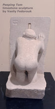 將圖片載入圖庫檢視器 Peeping Toms tend to bend low to look through an opportune hole in the wall to see something that excites them.  This limestone carving shows a man crouching low, right hand on the wall in front.  His left arm reaches down between his legs.  Artwork by Vasily Fedorouk.