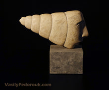 將圖片載入圖庫檢視器 Marble sculpture of a shell showing the fossils in the stone on a black background with 'VasilyFedorouk.com' branding.