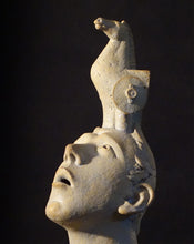 Carica l'immagine nel visualizzatore di Gallery, Ceramic figure sculpture of a head with a contemporary design of a Trojan Horse headdress on a dark background (detail)