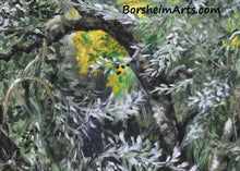 Load image into Gallery viewer, Detail of black olive tree branches with olives and with a yellow leafed tree in the background... impressionist style artwork

