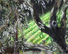 Load image into Gallery viewer, Painting detail of rows of rape plants in many bright greens.  In front of that is the trunk with a hole in it and hanging branches of olive leaves with tiny black olives.
