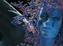 將圖片載入圖庫檢視器 Woman in Blue with floral designed hair and an angel wing extending out to the left as she gazes left, close-up of her face