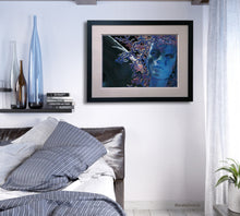 將圖片載入圖庫檢視器 blue portrait of female angel hung framed on a masculine bedroom on different blues and greys