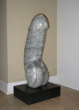 Load image into Gallery viewer, A human phallus / dick / penis is carved out of a piece of grey marble with slightly darker veins in the stone.  Black rectangular base keeps this vertical sculpture from tipping.  Marble art by Vasily Fedorouk
