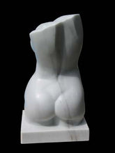 Load image into Gallery viewer, Back view of contemporary stone carving :  a marble torso of a woman curvaceous butt and angled shoulder blades, art sculpture by Kelly Borsheim
