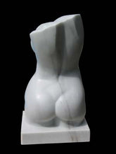 將圖片載入圖庫檢視器 Back view of contemporary stone carving :  a marble torso of a woman curvaceous butt and angled shoulder blades, art sculpture by Kelly Borsheim