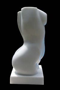 Curvaceous arch of the back into the bum a view in profile of a marble torso of a woman, Colorado Yule Marble sculpture by Kelly Borsheim