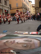 Load image into Gallery viewer, Florentine parades are a joy to watch, such costumes, such flare! In the foreground artist Kelly Borsheim is painting a large head of a syble by Michelangelo on the Sistine Chapel.  Florence Italy
