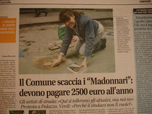 Load image into Gallery viewer, Artist Kelly Borsheim was interviewed and photographed by a journalist covering the street art tax protest, Florence Italy 2007

