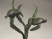 將圖片載入圖庫檢視器 Detail of bronze sea turtles and kelp Sea Turtles seem to fly near a kelp plant. sculpture in bronze with limestone curvy hand-carved base that implies the sandy sea floor