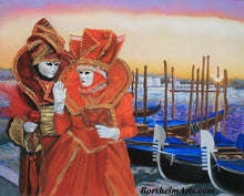 Load image into Gallery viewer, Carnevale Sunrise Venice Italy Costumed Couple Carnival Fat Tuesday Pastel Painting on Pastelbord
