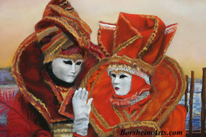 Detail of Couple in Venetian costumes pastel painting Carnevale Sunrise Venice Italy Costumed Couple Carnival Fat Tuesday