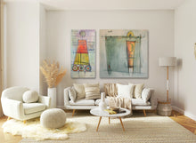 Cargar imagen en el visor de la galería, Aphrodite, a large square painting by Dragana Adamov, hung here with Athena (left) to put some color into an otherwise neutral living room decor.