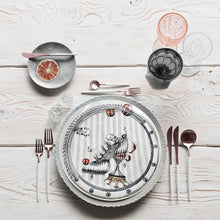 Carica l'immagine nel visualizzatore di Gallery, Designer plates by Dragana Adamov, here shown with table setting hand drawing of circus tent, shoe, and leaping tigers wtih red lips and fantasy drawing