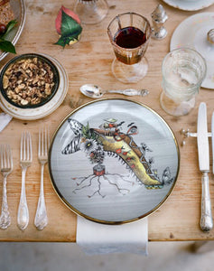 Table setting with Miss Mushroom designer collector plate made of porcelain and gold by Dragana Adamov