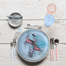 Charger l'image dans la galerie, Sample table setting with Dragana Adamov Collection Plate Madame Shoe designer plates custom made, hand drawn
