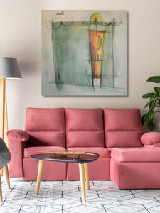 warm decor, see what Aphrodite does to a room?  This is a large abstract figure fashion oil painting by Dragana Adamov.  Colors are warm and inviting.  Show here with rose couch.