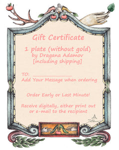 Gift Certificate for ONE designer plate by Dragana Adamov hand drawing of circus tent, shoe, and leaping tigers wtih red lips and fantasy drawing