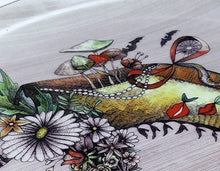 Cargar imagen en el visor de la galería, beautiful designer plate details, for the love of nature and SHOES  Miss Mushroom This fantasy drawing printed onto a porcelain and gold plate features the high-heeled shoe of Miss Mushroom (see top of shoe) and she is sure to delight!  Do you see red lips with tails, a serpent or snake, butterfly wings, zebra stripes, leopard design, tiny shoes, a bouquet of flowers, especially daisies, bats, and a spider web?