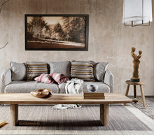 Laden Sie das Bild in den Galerie-Viewer, Monochromatic landscape oil painting looks great in this mostly warm neutral room decor.  To the right in the bronze figure sculpture titled Together and Alone. a lovely cozy living room.