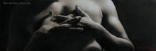 Load image into Gallery viewer, Entwined Interlaced Fingers Hands on Nude Man's Chest Charcoal drawing Black and White Grey Paper Framed Original Art Meditative Love Art