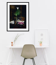 Carica l'immagine nel visualizzatore di Gallery, Framed and on a sample wall in a home office is a Romantic Dinner for 2 Table Setting Wine Palm Leaf Wall Art - Fine Art PRINT