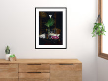 Carica l'immagine nel visualizzatore di Gallery, Print of table setting drawing at night is shown here with a different frame idea of wide white mat with thin black frame, bedroom scene detail