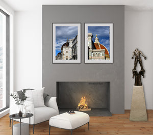 living room mockup of Against the Dying of the Light - Rage Rage bronze sculpture with photographs of the Duomo in Florence, Italy.  Sculpture as home decor