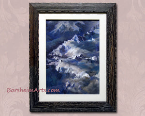 This original painting of the Swiss Alps in framed with a hard white mat and then a dark distressed wood fram with touches of blue.  The painting is blue, purple, teal, and white.  Original art by Kelly Borsheim made for you and other lovers of the mountains.  Great gift idea.