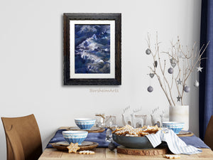 This mostly blue painting of snow-capped mountains looks great in this blue decor dining room.  Great gift idea for nature lovers, mountain lovers, and those who enjoy travel.