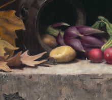 將圖片載入圖庫檢視器 Detail of the antique wooden vase with an artichoke, potato, and radishes, as well as the leaves and detail of the texture of the stone ledge that supports all in the print of the painting "Artichoke, Radishes, Potatoes, and Leaves" Print on Fine Art Paper with white border for easier framing. Art by artist Kelly Borsheim